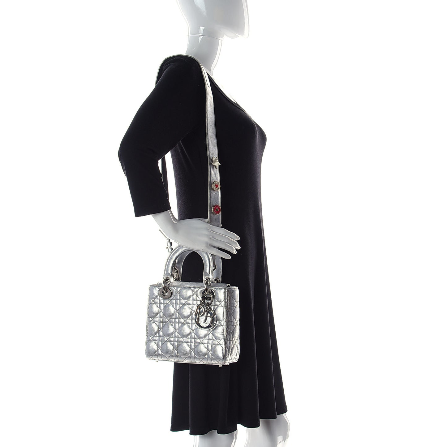 Metallic Grained Calfskin Cannage Small Lucky Badges My Lady Dior Silver