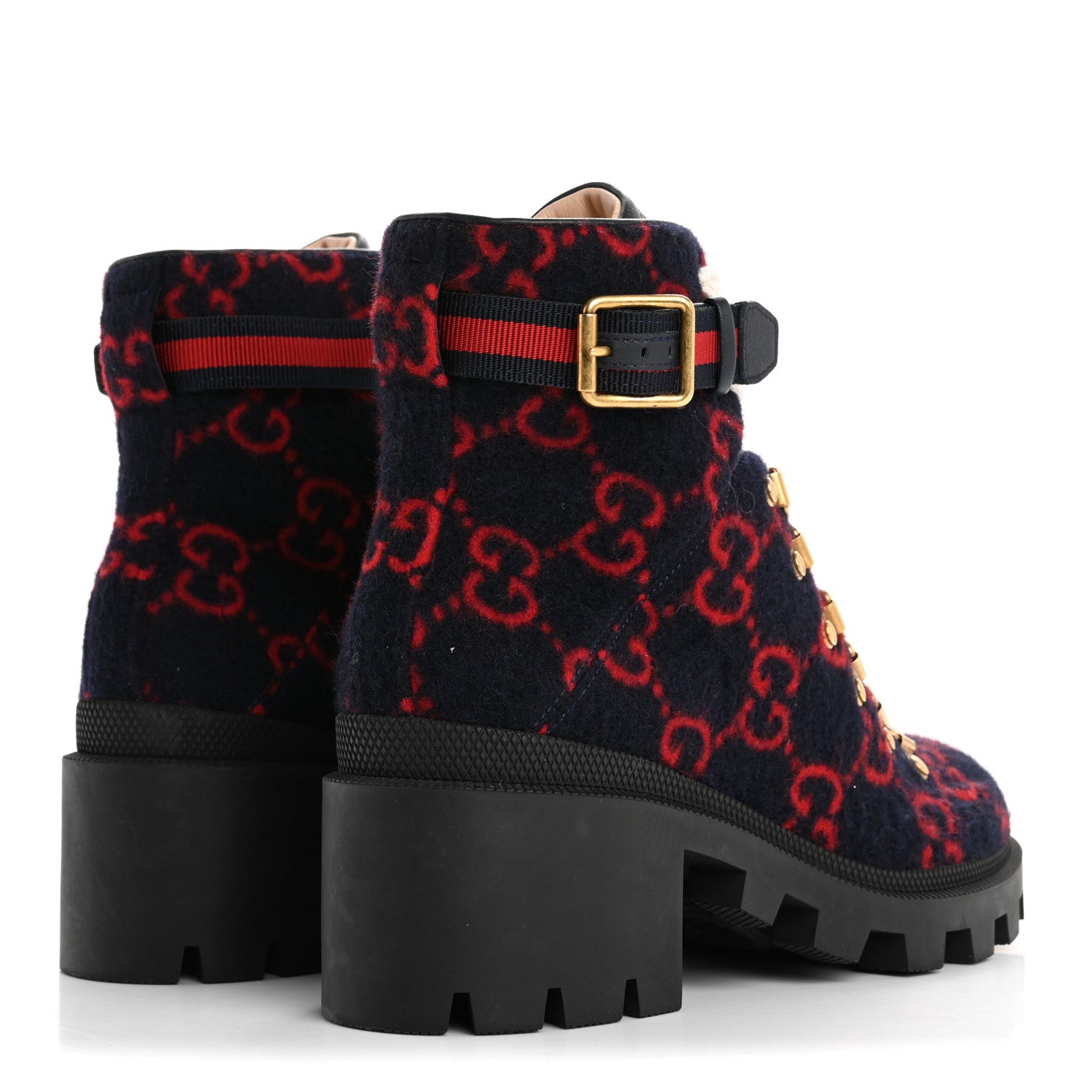 Gucci Covered Wool Big GG Monogram Womens Lace Up Combat Ankle Boots 37 Blue Red 5 of 9