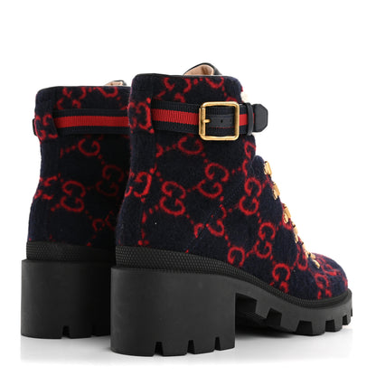 Gucci Covered Wool Big GG Monogram Womens Lace Up Combat Ankle Boots 37 Blue Red 5 of 9