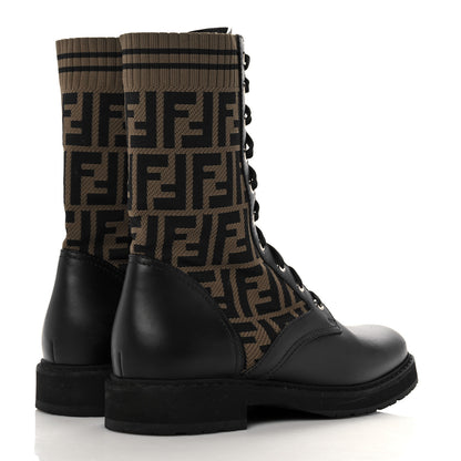 Fendi Calfskin Stretch Fabric FF Rockoko Biker Boots 41 Black Tobacco 4 of 13