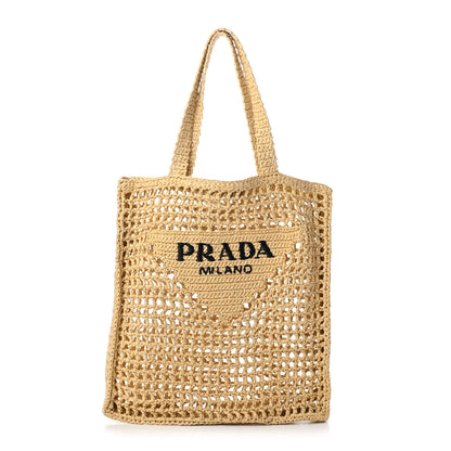 Prada Yarn Raffia Effect Crochet Logo Embroidered Tote Bag Naturale 1 of 4