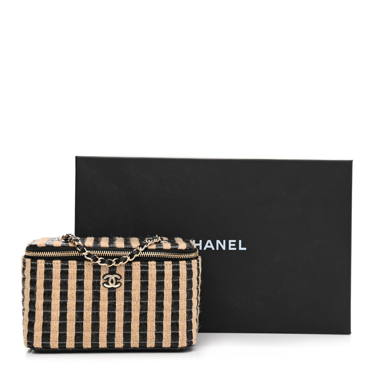 Raffia Jute Striped Small Vanity Case With Chain Black Beige