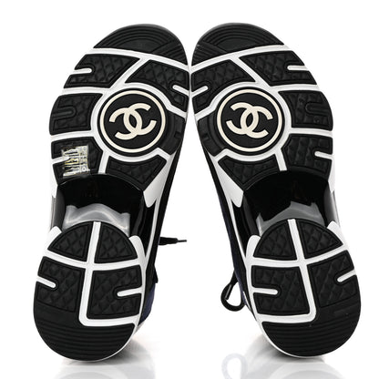 Chanel Suede Calfskin Knit CC Sneakers 38 Navy Purple Black Grey 5 of 9