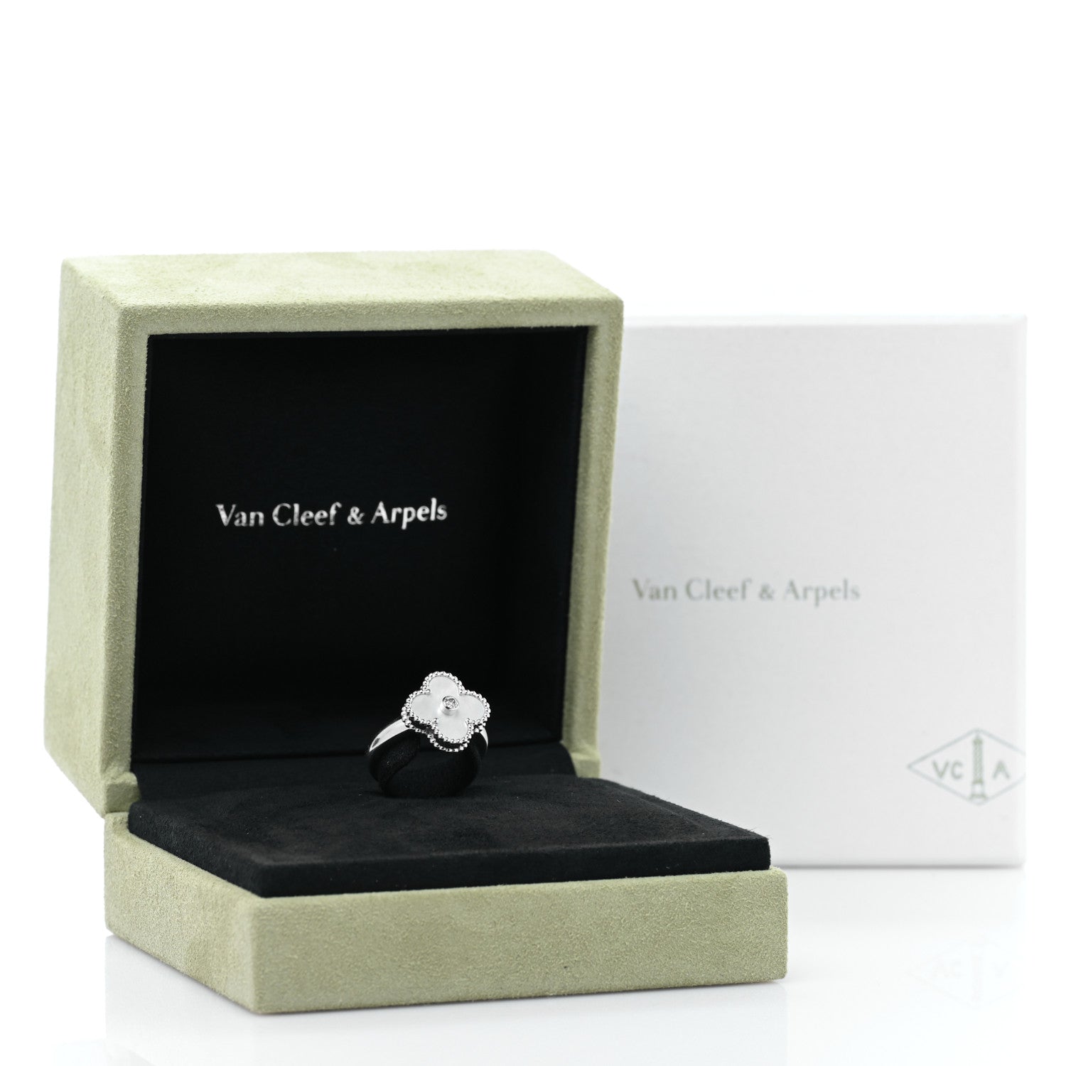 Van Cleef & Arpels 18K White Gold Diamond Mother of Pearl Vintage Alhambra Ring 53 6.25 5 of 5