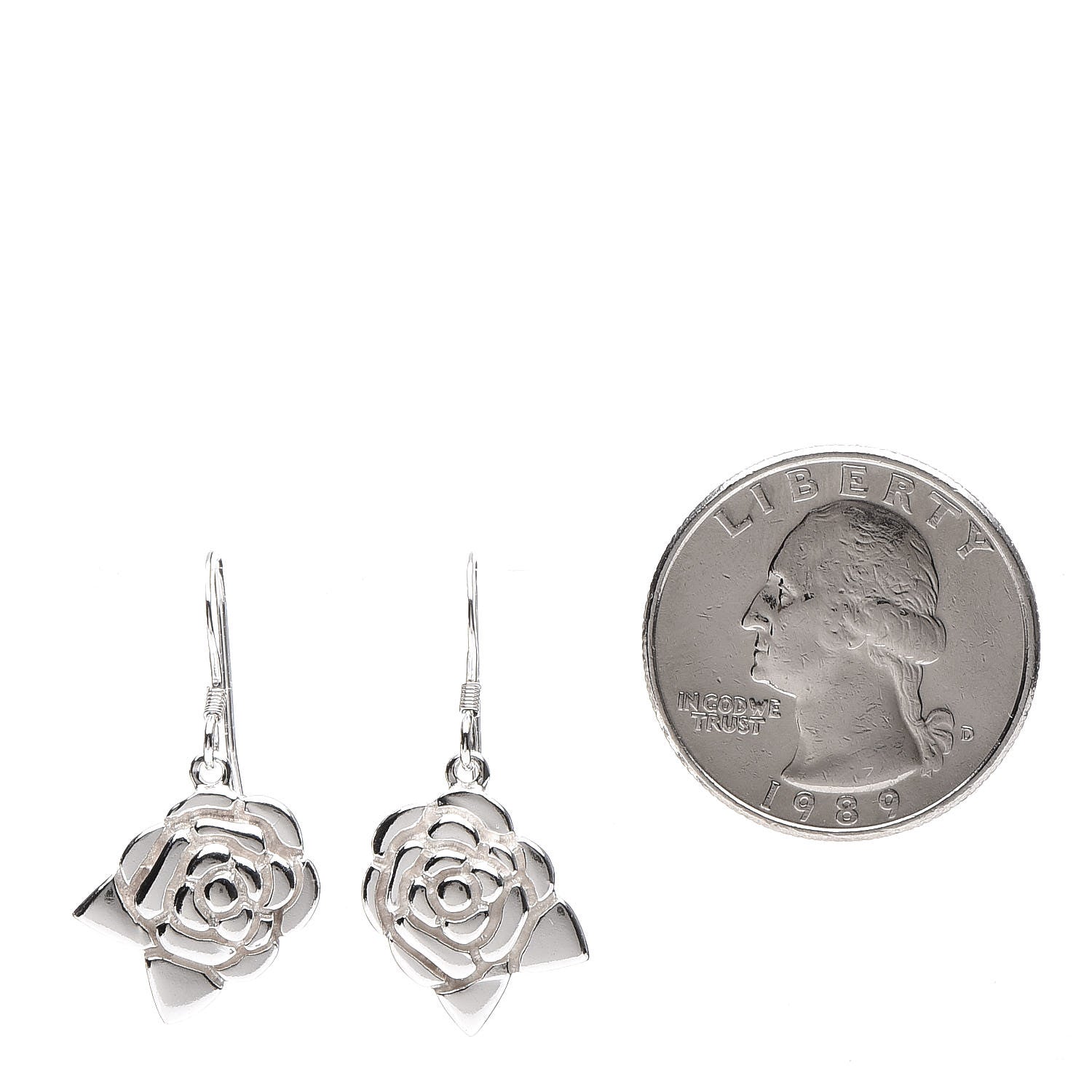 Chanel Sterling Silver Camellia Drop Earrings 2 of 4