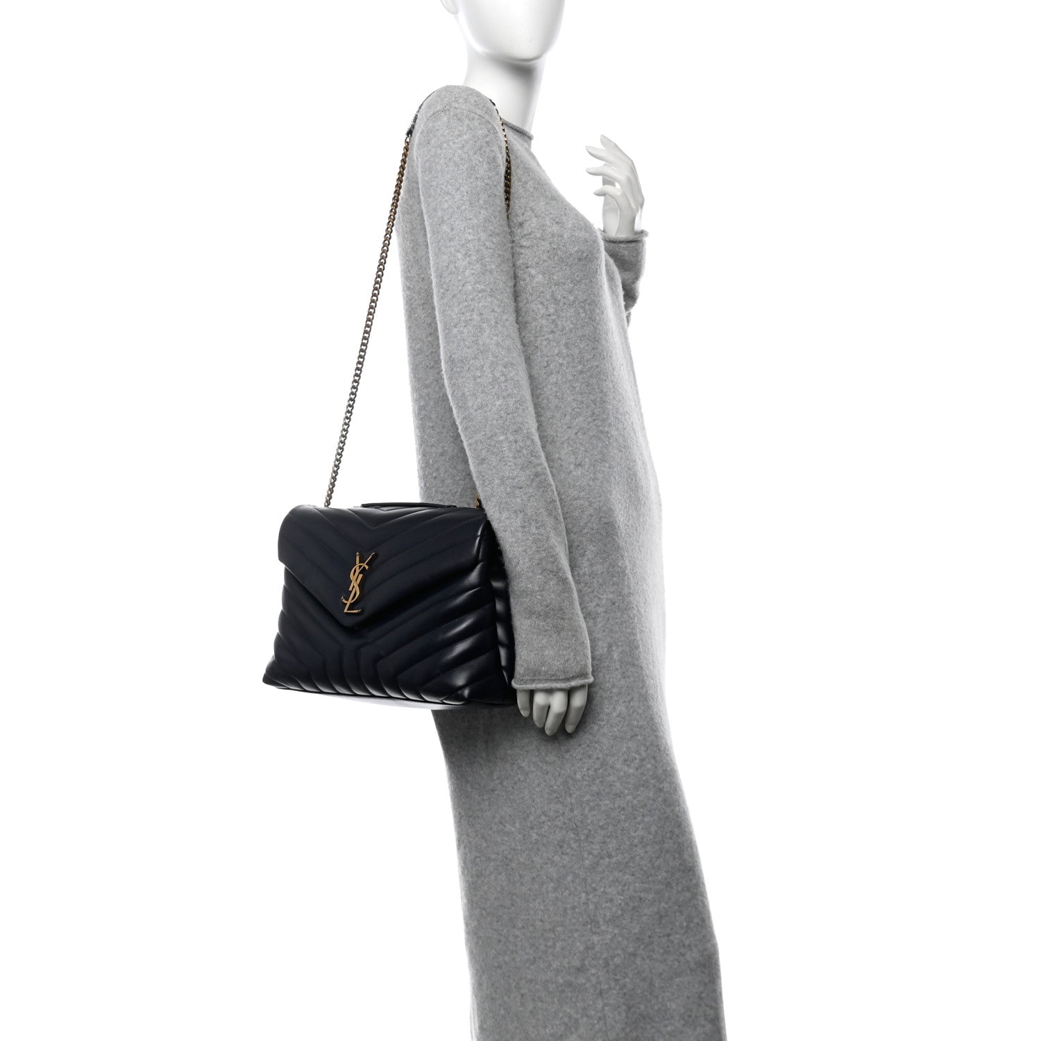 Saint Laurent Calfskin Y Quilted Monogram Medium Loulou Chain Satchel Deep Marine 2 of 10