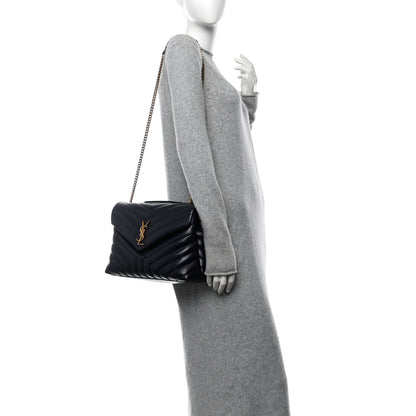 Saint Laurent Calfskin Y Quilted Monogram Medium Loulou Chain Satchel Deep Marine 2 of 10