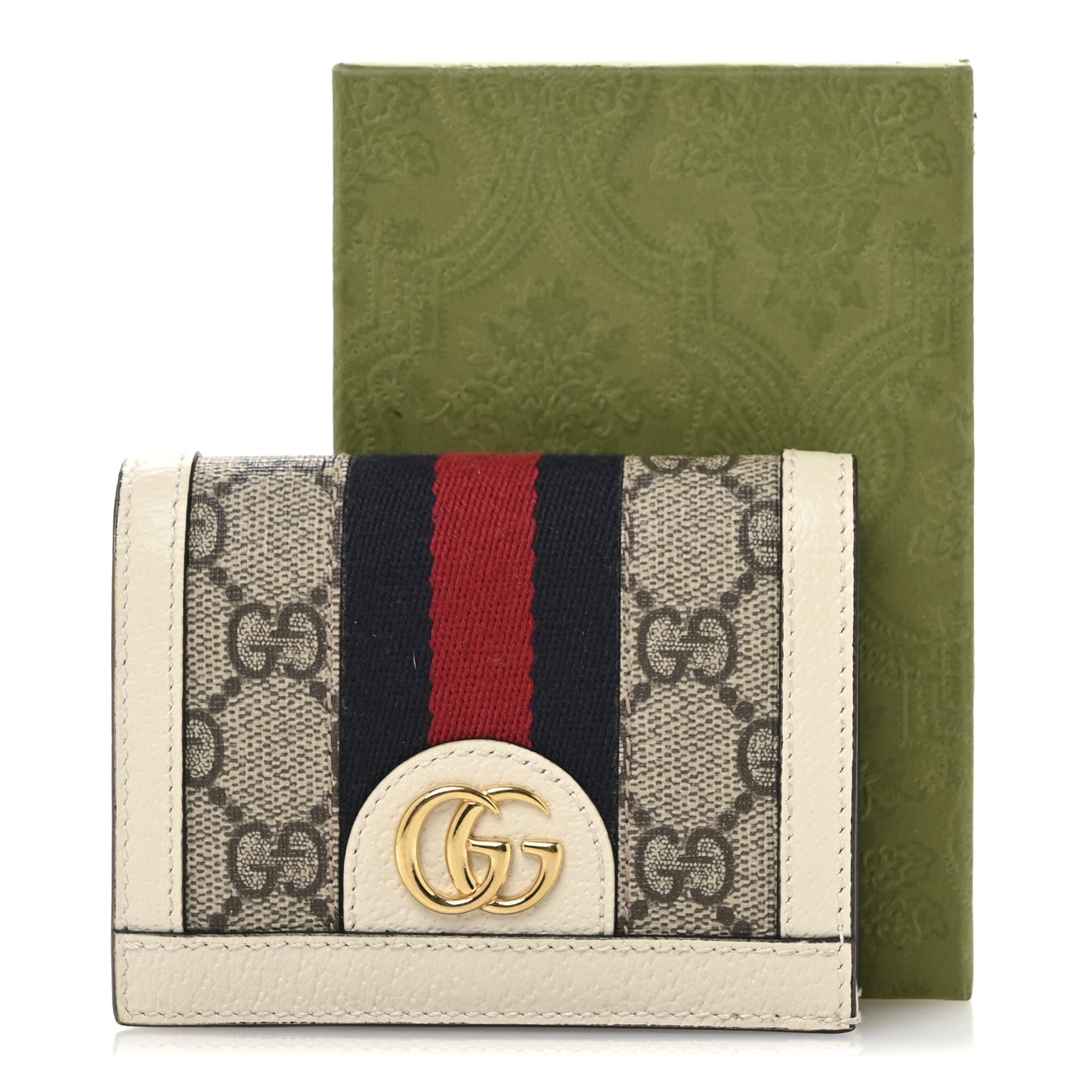 GG Supreme Monogram Textured Dollar Calfskin Web Ophidia Card Case Beige Ebony Mystic White