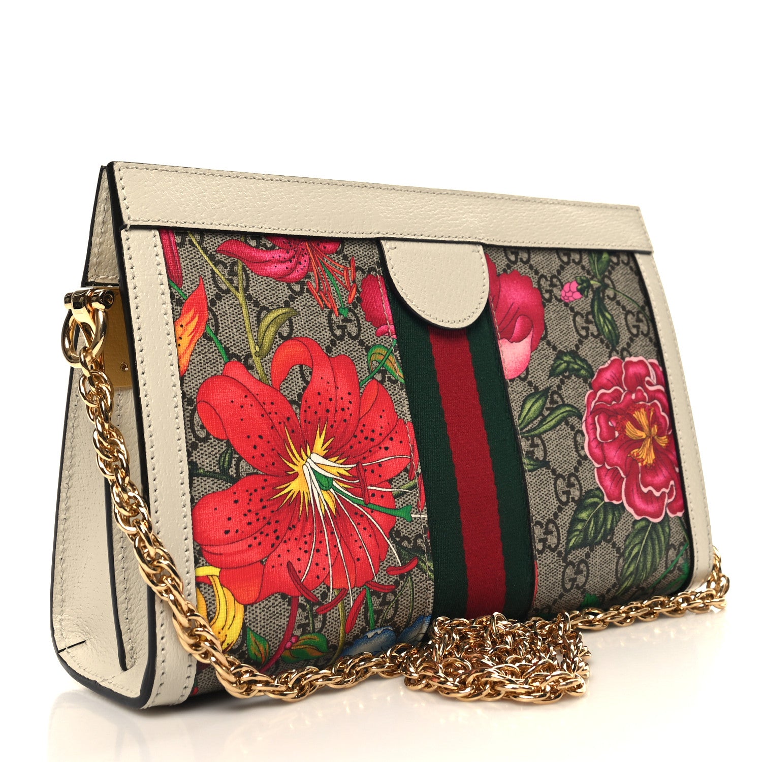 Gucci GG Supreme Monogram Flora Web Small Ophidia Chain Shoulder Bag White 3 of 11