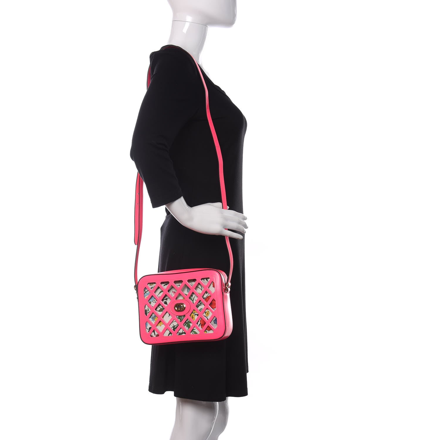 Gucci Canvas Calfskin Flora Infinity Cutout Shoulder Bag Fuchsia 2 of 14