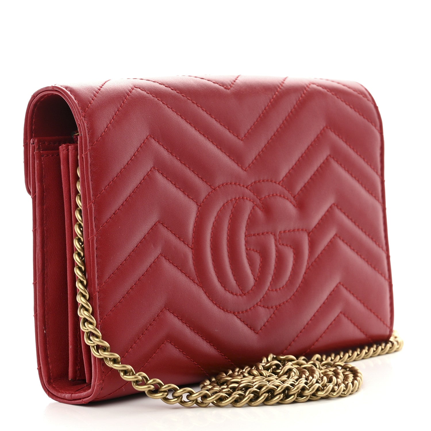 Gucci Calfskin Matelasse GG Marmont Chain Wallet Hibiscus Red 2 of 12