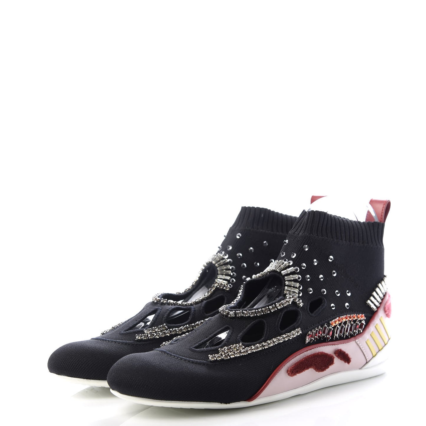 Calfskin Crystal Mesh Knit Cutout Odissey Sock Sneakers 38.5 Black Water