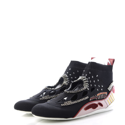 Valentino Garavani Calfskin Crystal Mesh Knit Cutout Odissey Sock Sneakers 38.5 Black Water 3 of 9