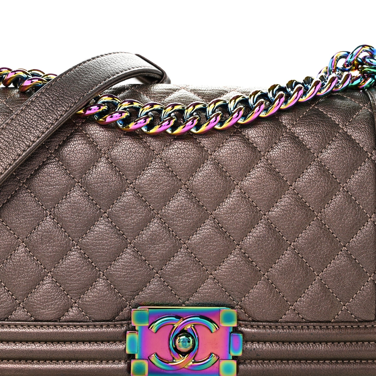 Iridescent Goatskin Quilted Medium Boy Flap Dark Gold