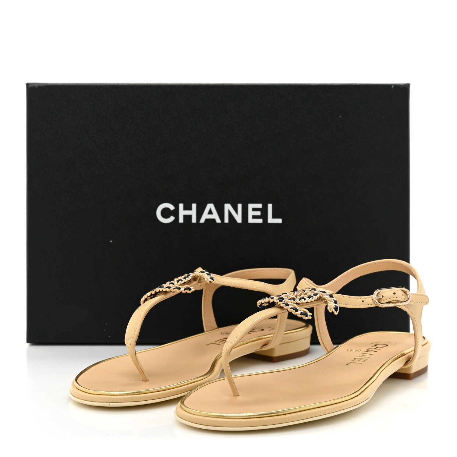 Chanel Lambskin CC Chain Thong Sandals 36.5 Beige 9 of 9