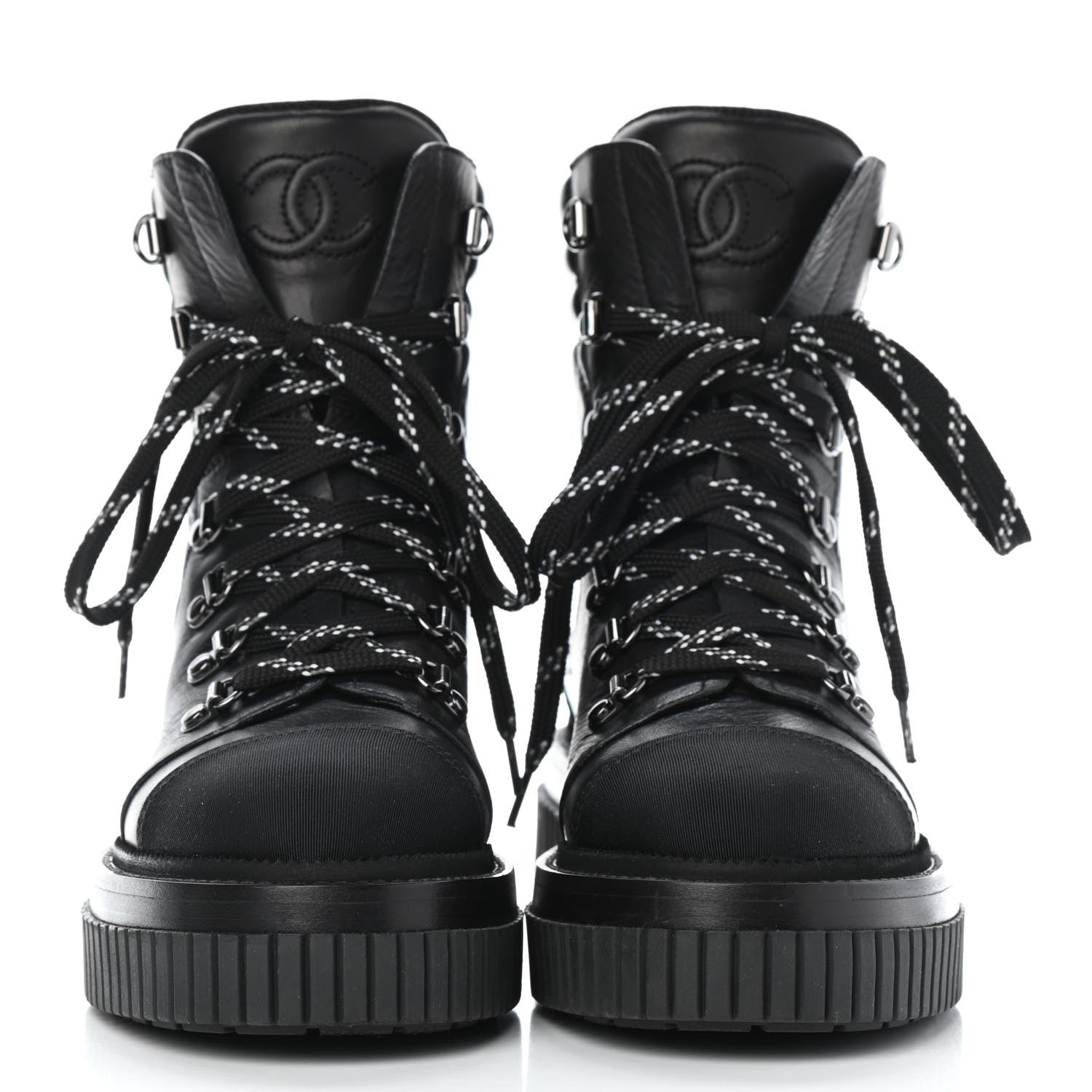 Chanel Calfskin Grosgrain Quilted Lace Up Boots 36.5 Black Grey 2 of 4