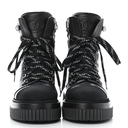 Chanel Calfskin Grosgrain Quilted Lace Up Boots 36.5 Black Grey 2 of 4