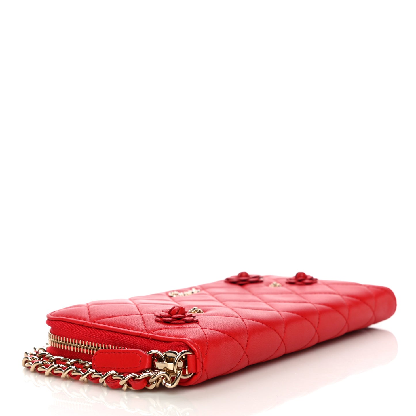 Lambskin Quilted Camellia Zip Around Wristlet Wallet Red