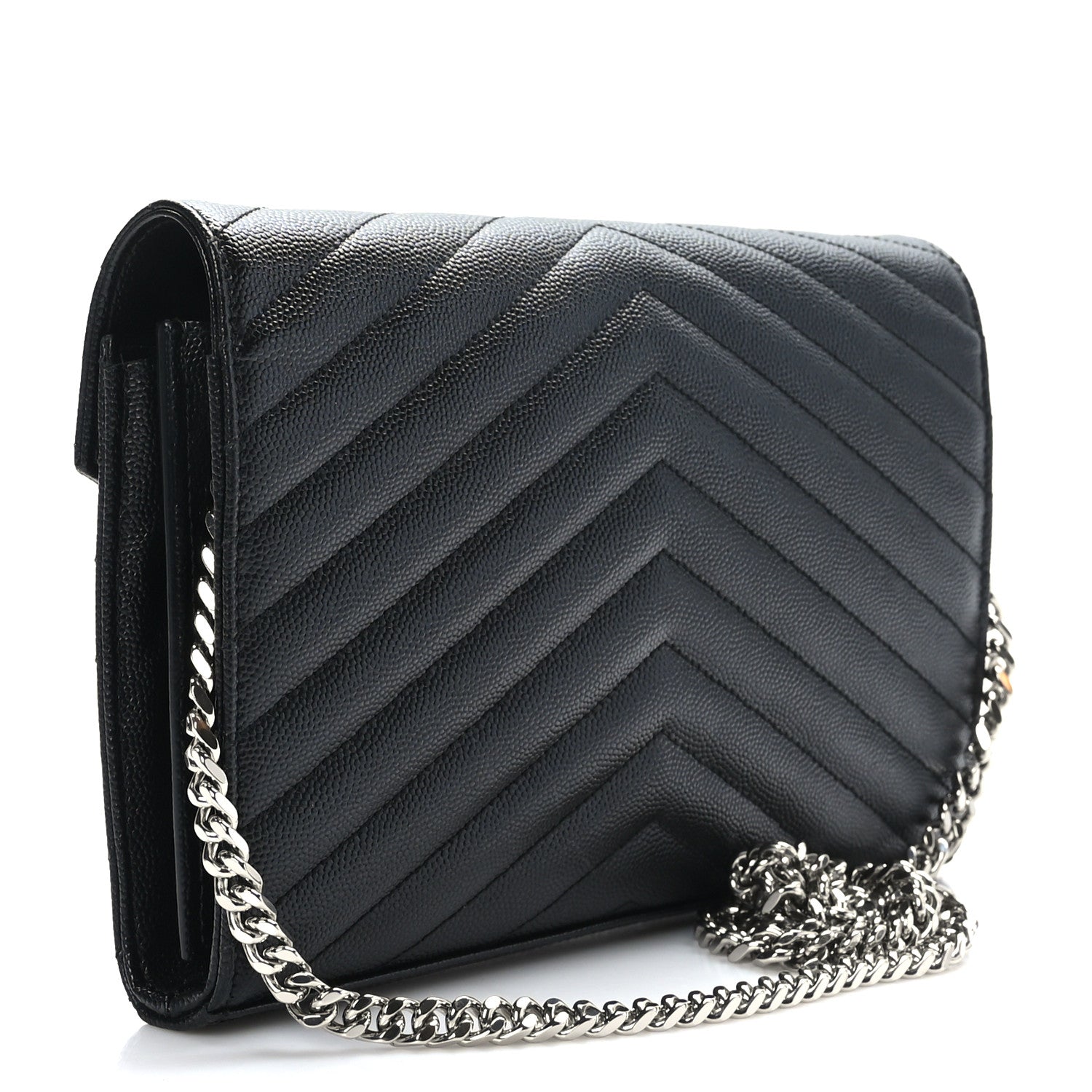 Saint Laurent Grain De Poudre Matelasse Chevron Monogram Chain Wallet Black 3 of 8