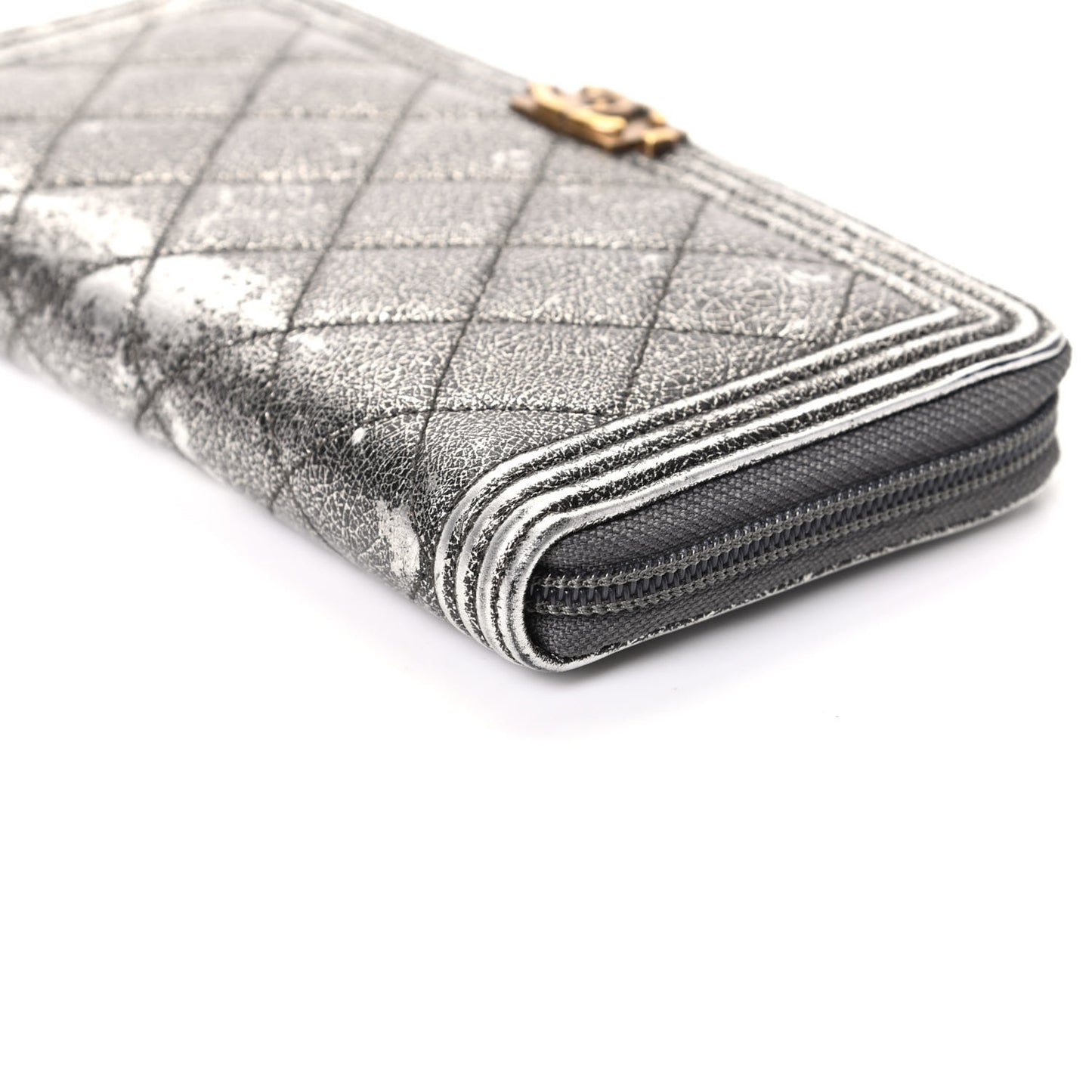 Cracked Metallic Calfskin Quilted Boy Long Zip Around Wallet Dark Silver