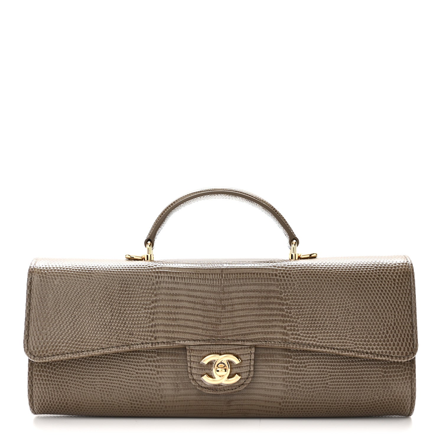 Chanel Calfskin Lizard Embossed Top Handle Long Clutch With Chain Dark Khaki 1 of 12