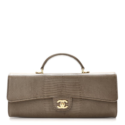 Chanel Calfskin Lizard Embossed Top Handle Long Clutch With Chain Dark Khaki 1 of 12