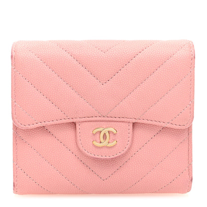 Chanel Caviar Flat Chevron Quilted Compact Flap Wallet Pink 1 of 8