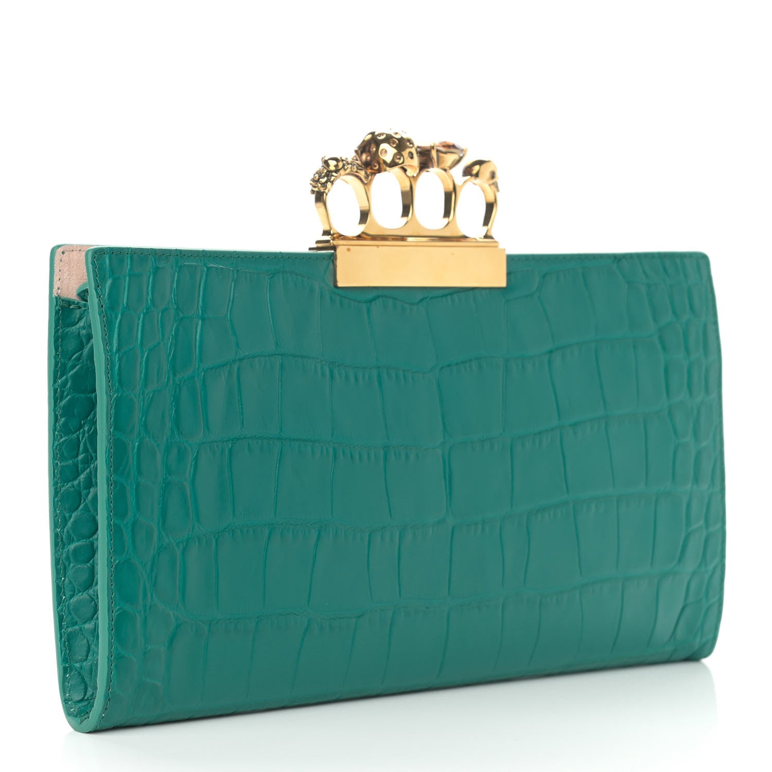 Alexander McQueen Calfskin Crocodile Embossed Knuckle Flat Clutch Citron 3 of 11
