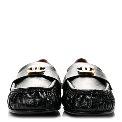 Chanel Crumpled Shiny Lambskin CC Mocassin Loafers 39 Black 3 of 10