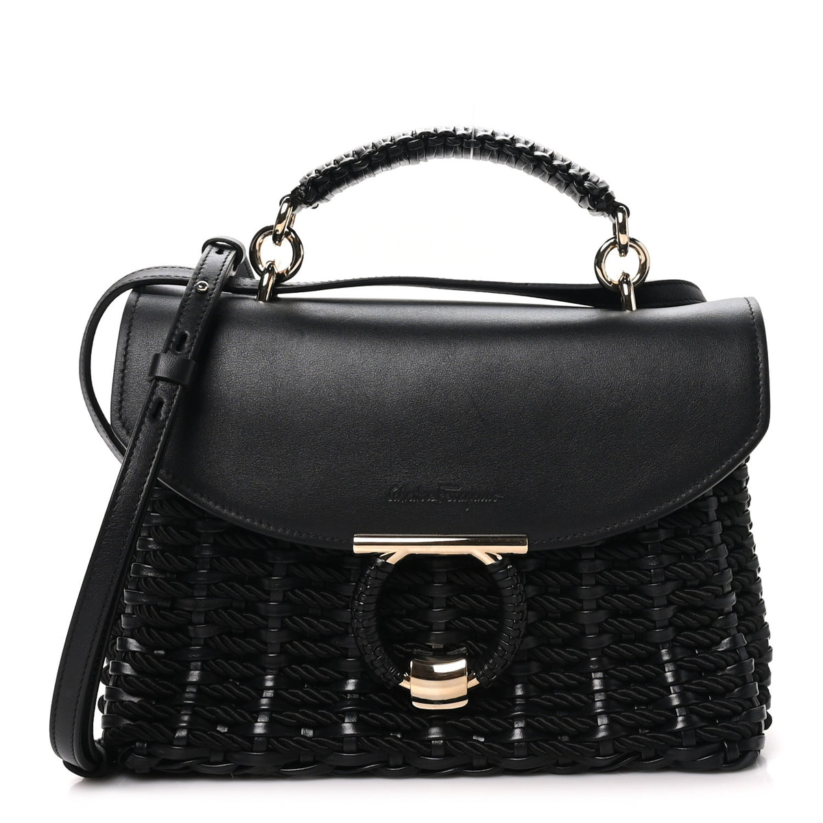 Calfskin Wicker Margot Top Handle Satchel Black