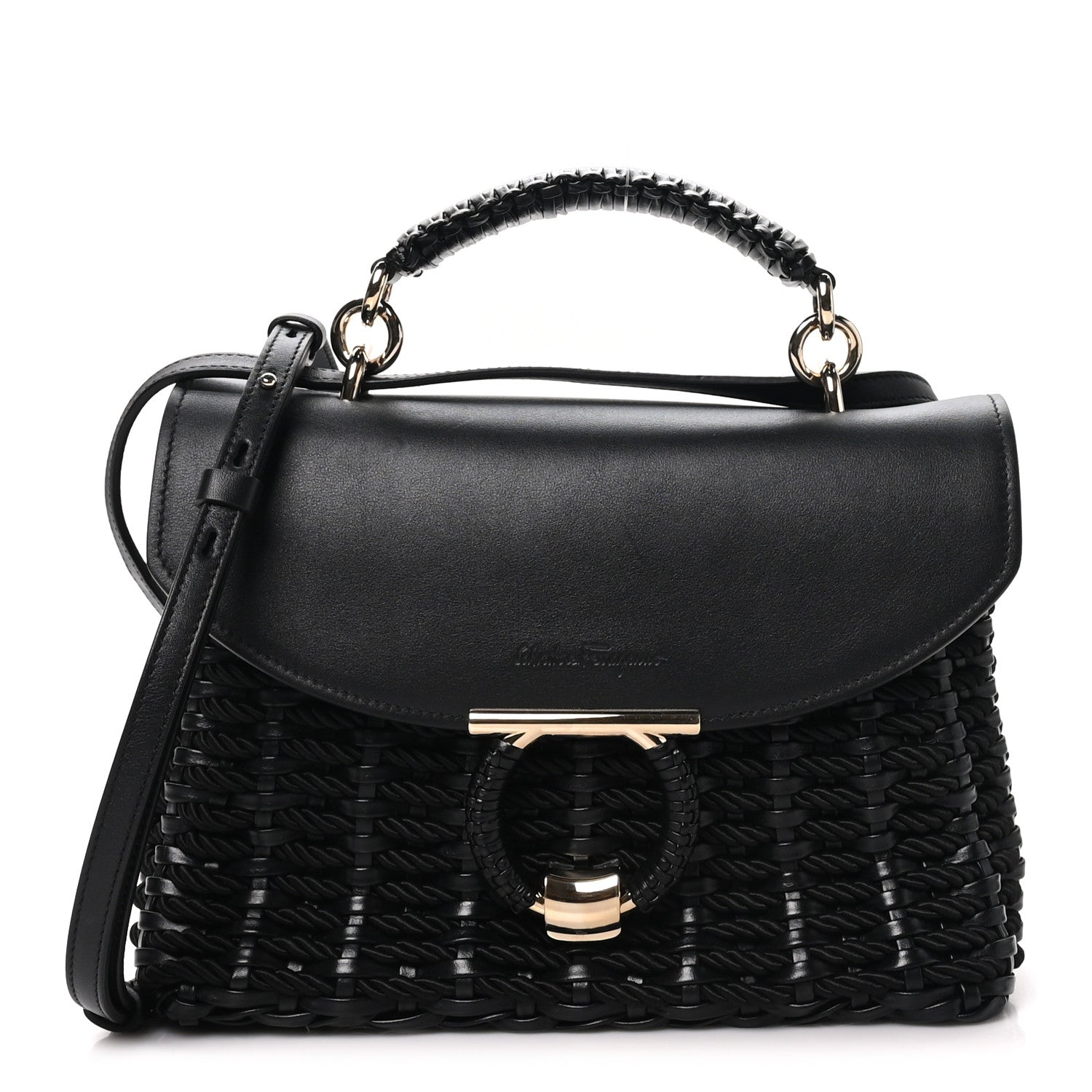 Salvatore Ferragamo Calfskin Wicker Margot Top Handle Satchel Black 1 of 8