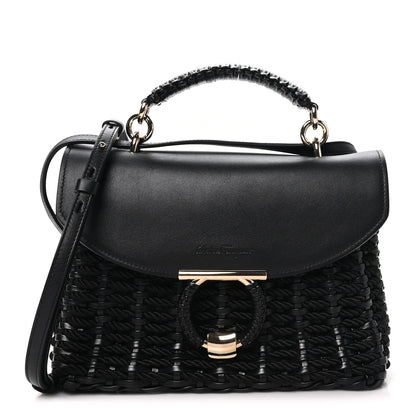 Salvatore Ferragamo Calfskin Wicker Margot Top Handle Satchel Black 1 of 8