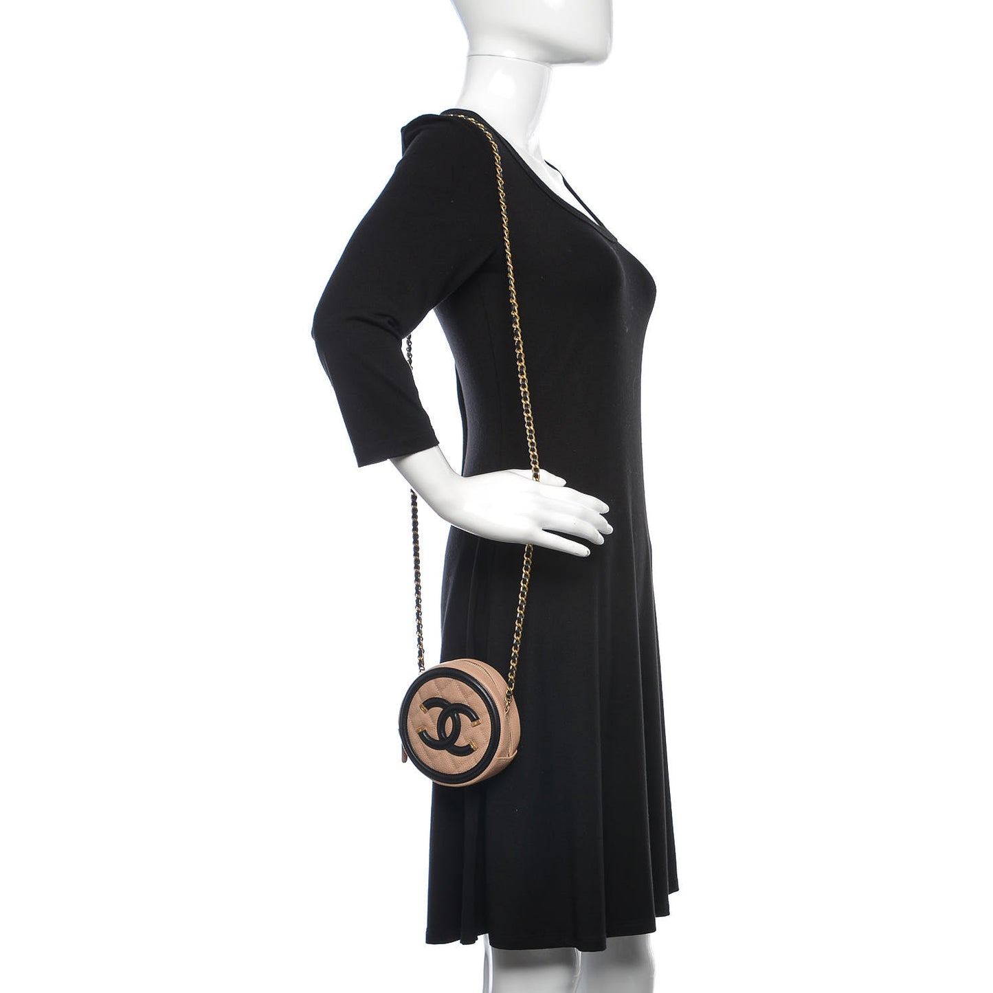 Caviar Quilted Round Filigree Crossbody Beige Black