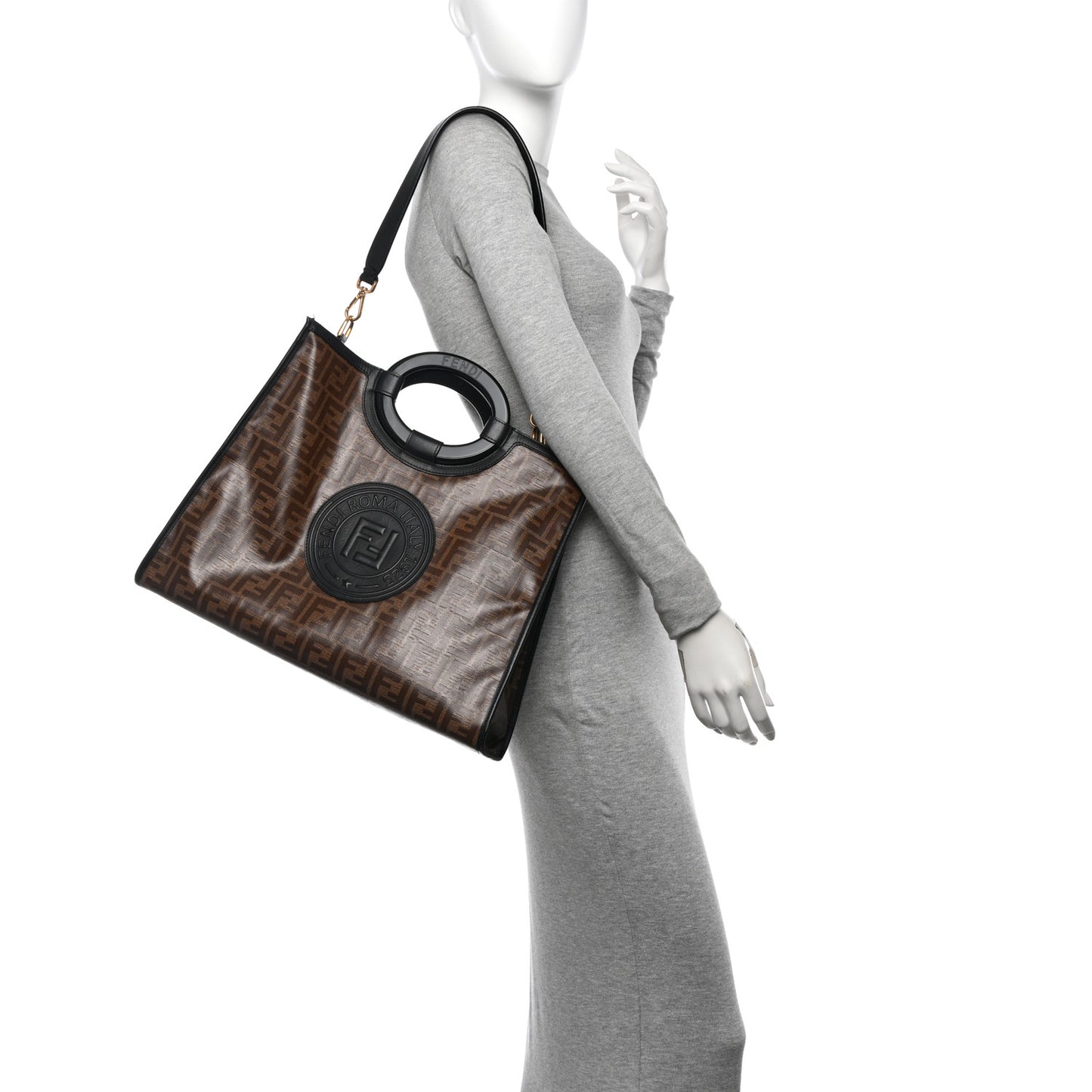 Glazed Fabric Vitello Century Plexiglass FF 1974 Stamp Patch Medium Runaway Shopper Tote Mogano Panna Black