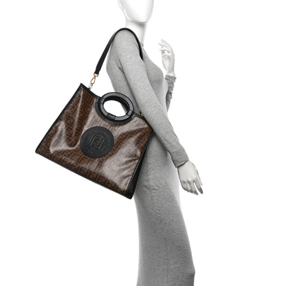 Fendi Glazed Fabric Vitello Century Plexiglass FF 1974 Stamp Patch Medium Runaway Shopper Tote Mogano Panna Black 2 of 15