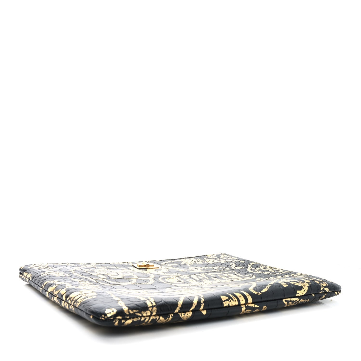 Chanel Calfskin Crocodile Embossed Graffiti 2.55 Medium Cocodile Reissue Cosmetic Case Black Gold 4 of 8