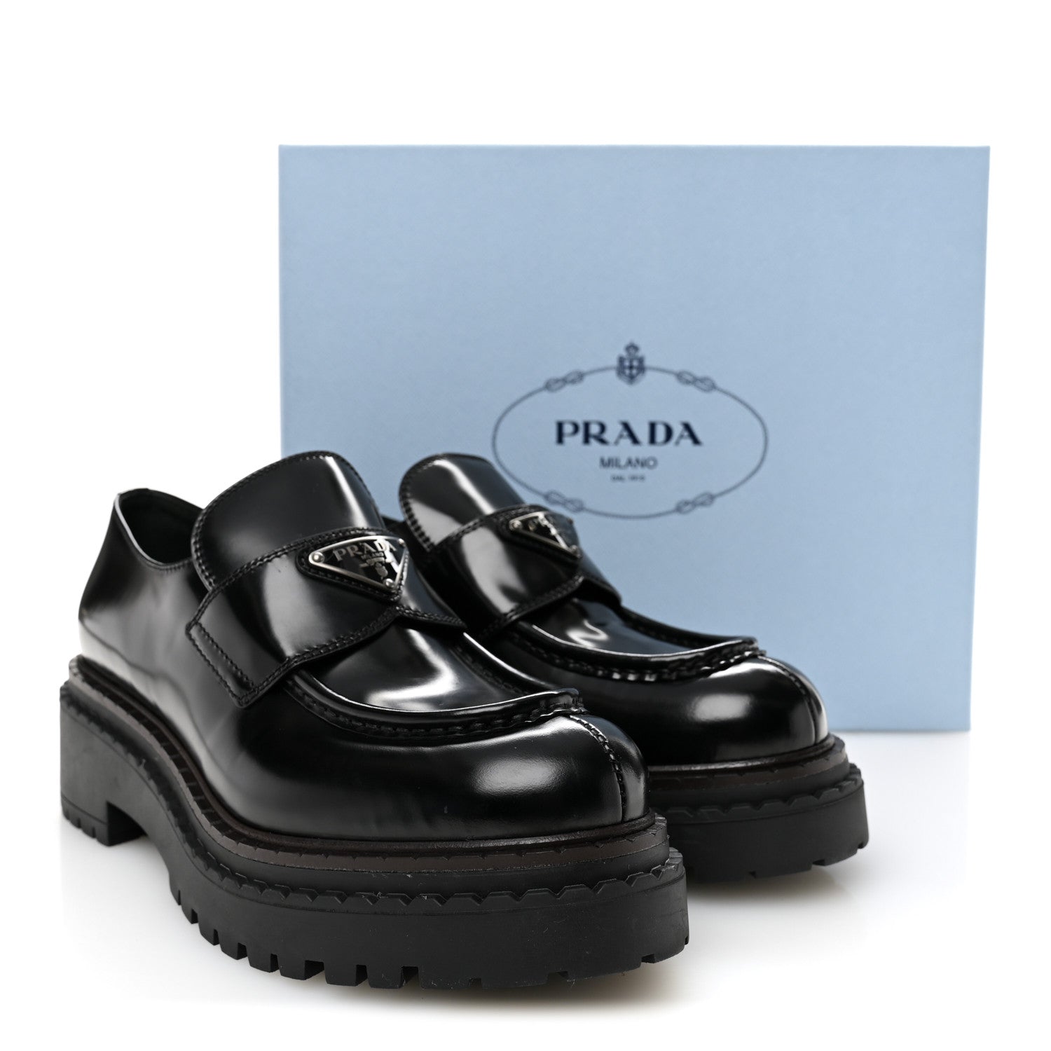 Prada Metal Triangle Logo Double Chocolate Loafers 38.5 Black