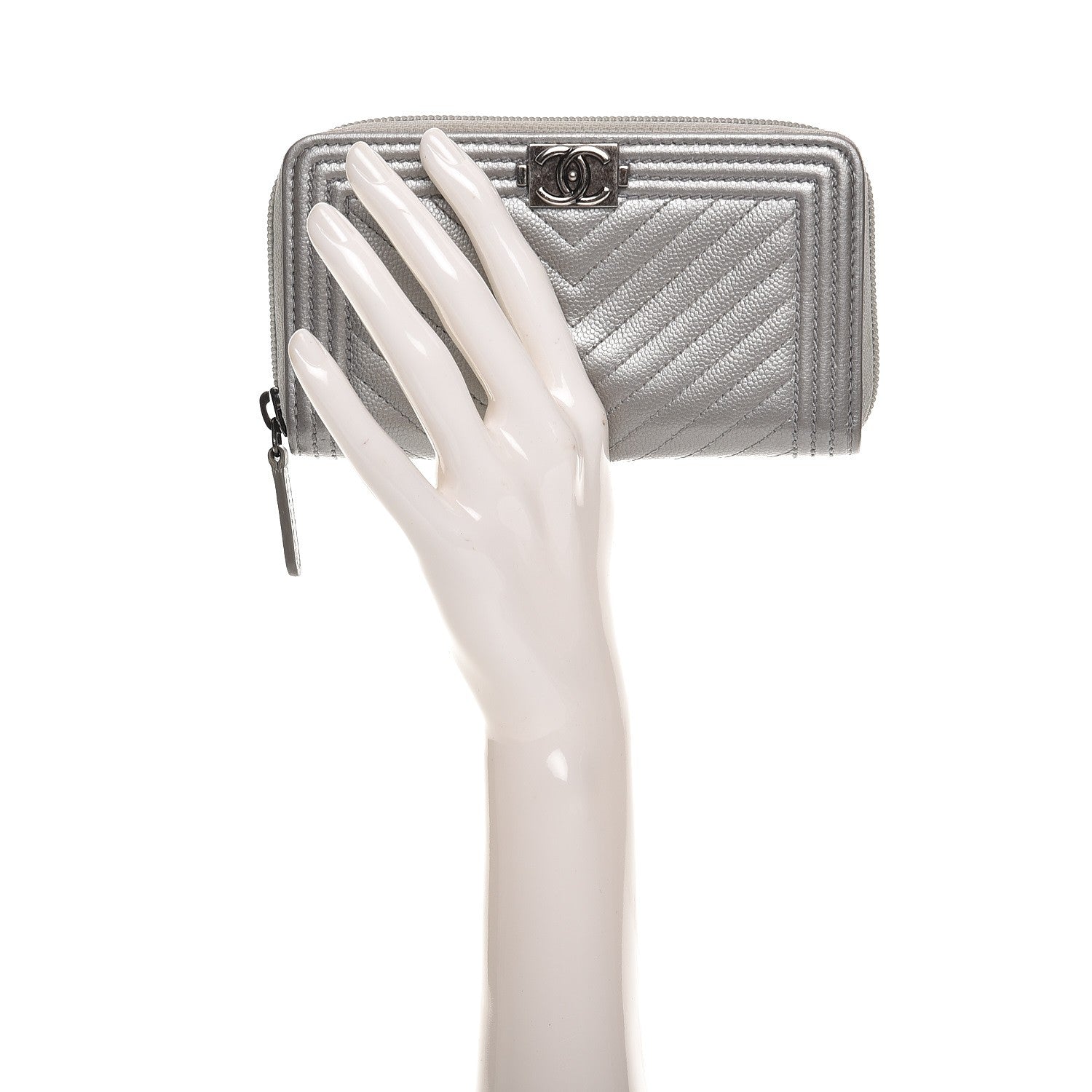 Chanel Metallic Caviar Chevron Quilted Boy Small Zip Around Wallet Silver 2 of 9