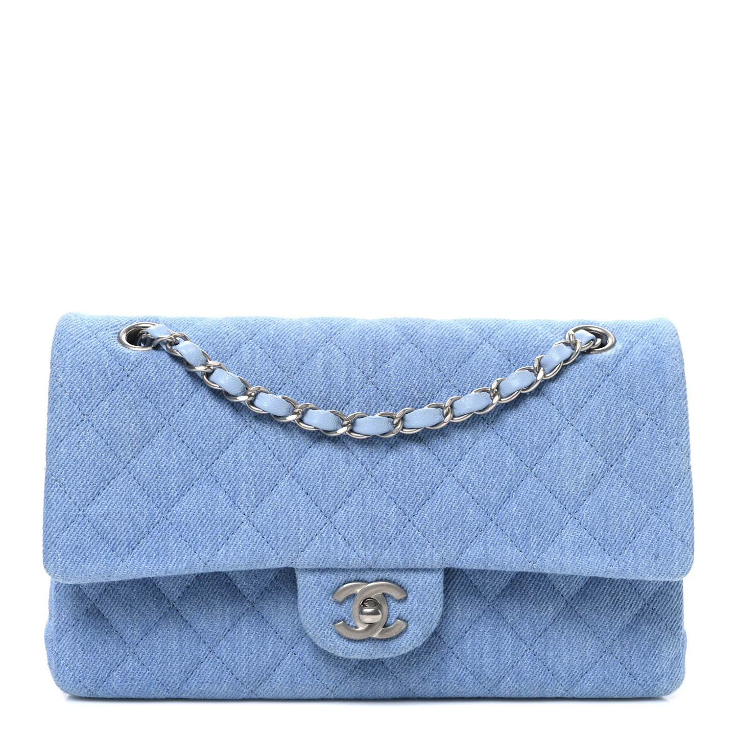 Denim Quilted Medium Double Flap Light Blue