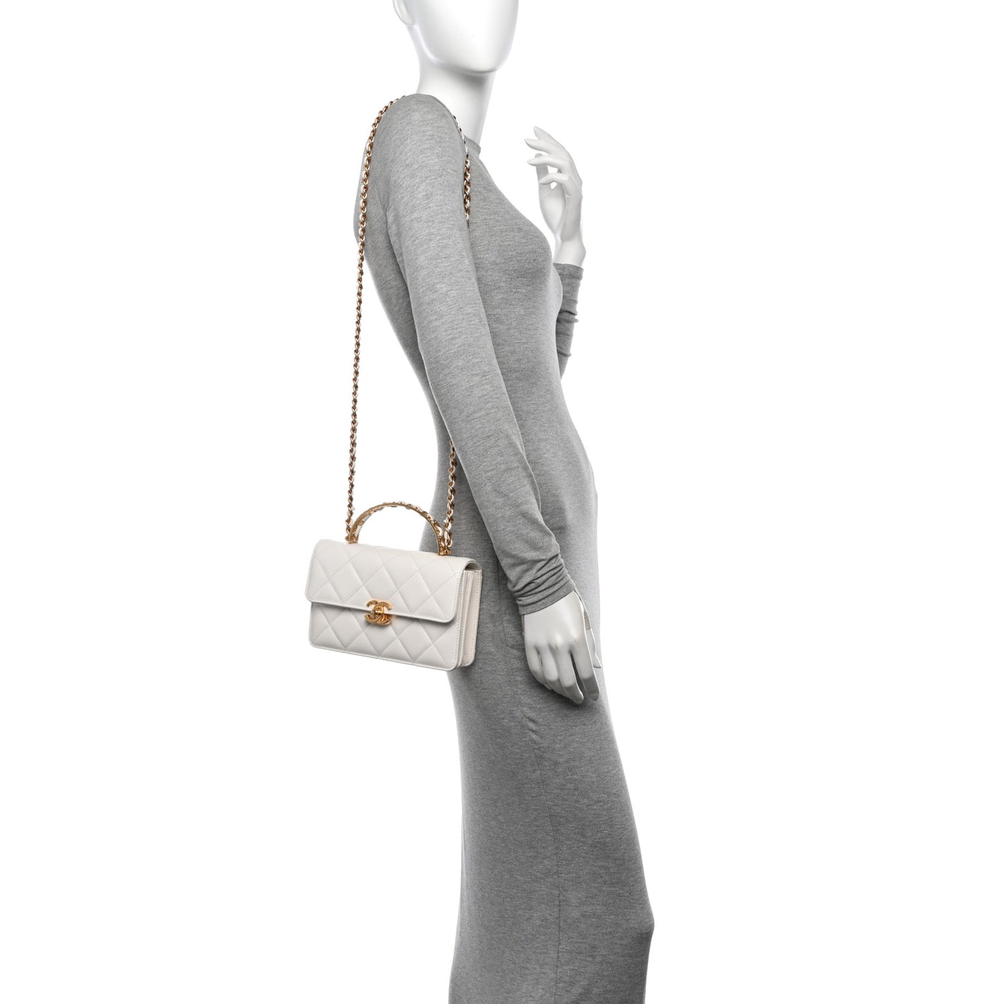 Shiny Calfskin Quilted Small Metal Top Handle Flap White