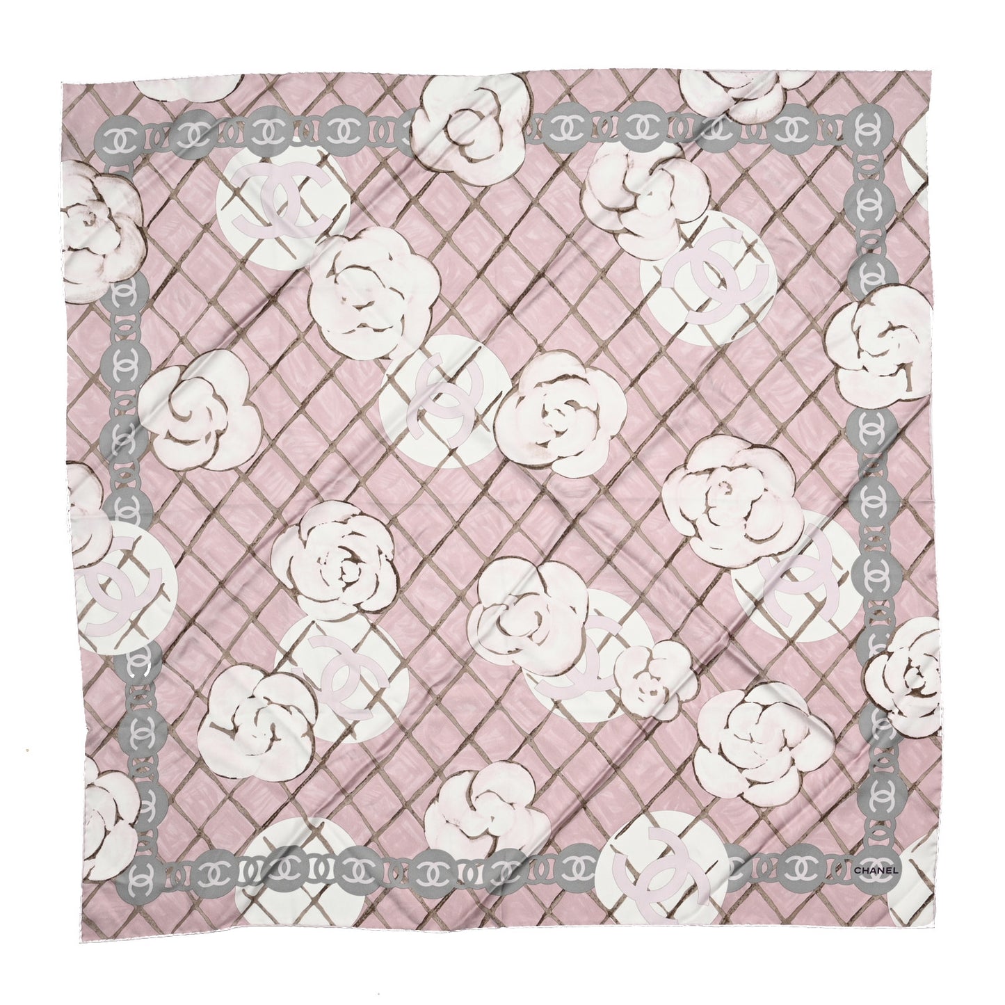 Silk CC Logo Camellia Scarf White Pink