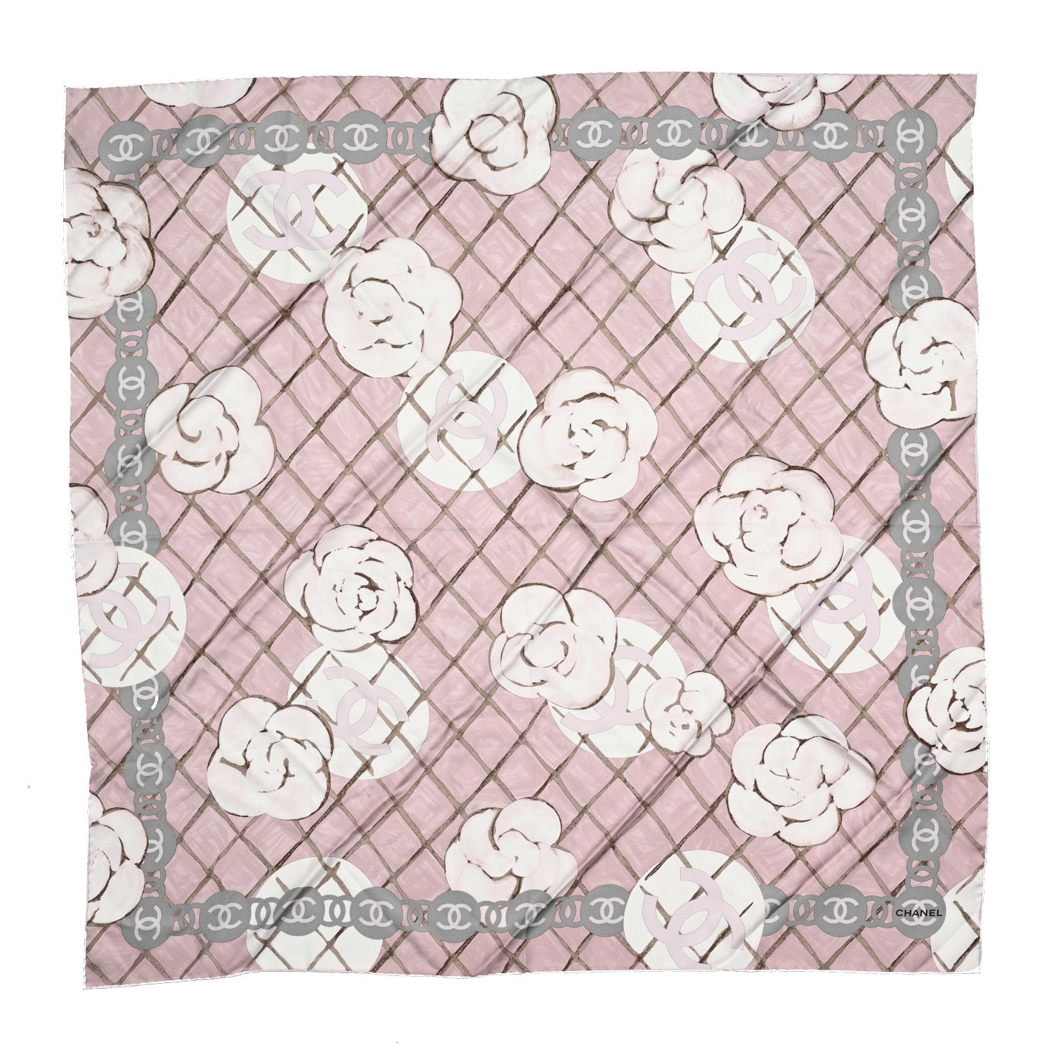 Chanel Silk CC Logo Camellia Scarf White Pink 2 of 6