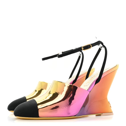 Chanel Laminated Calfskin Grosgrain Cap Toe CC Wedge Pumps 36.5 Pink Orange Yellow Black 3 of 9