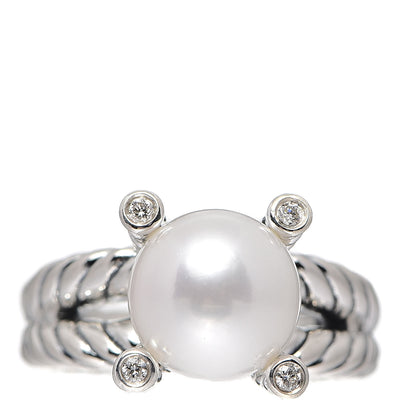 David Yurman Sterling Silver Diamond Pearl 10mm Cable Ring 51 5.75 1 of 5