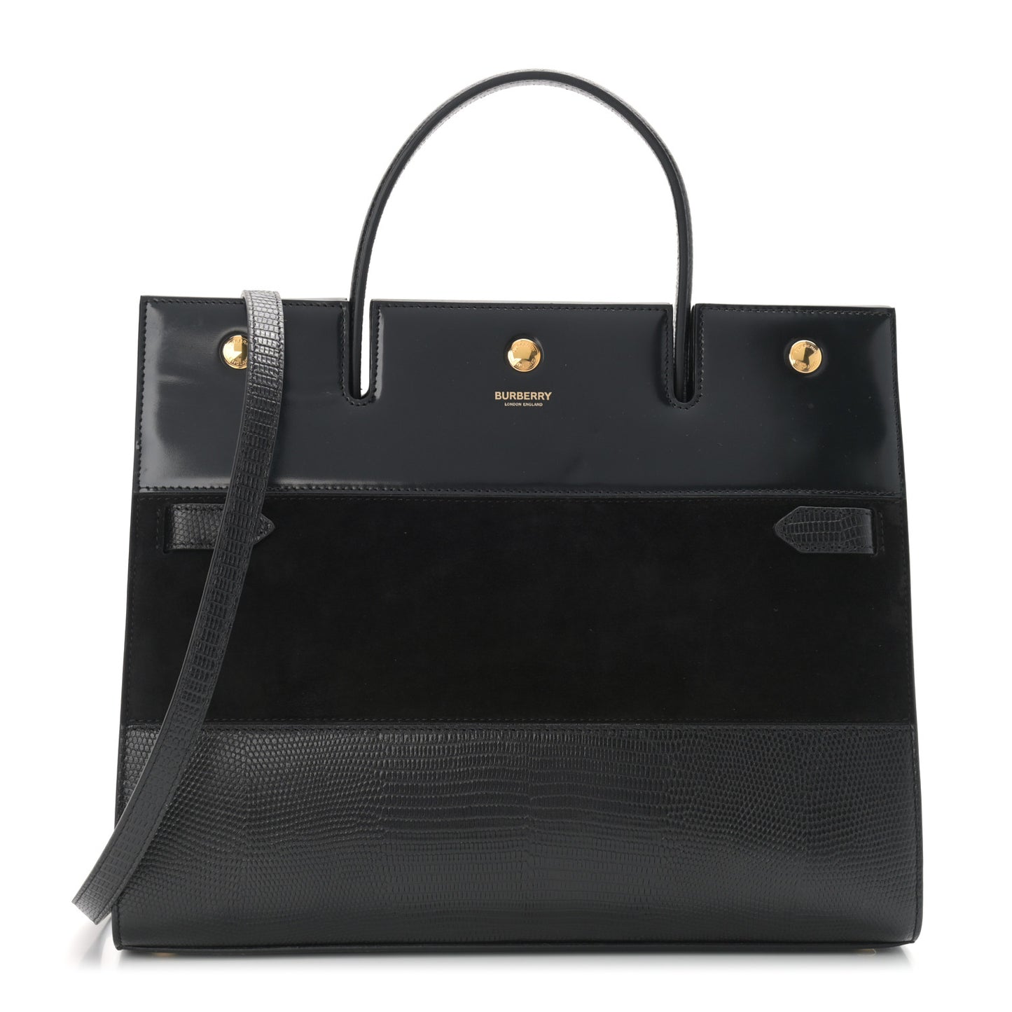 Deerskin Suede Lizard Embossed Calfskin Medium Title Bag Black