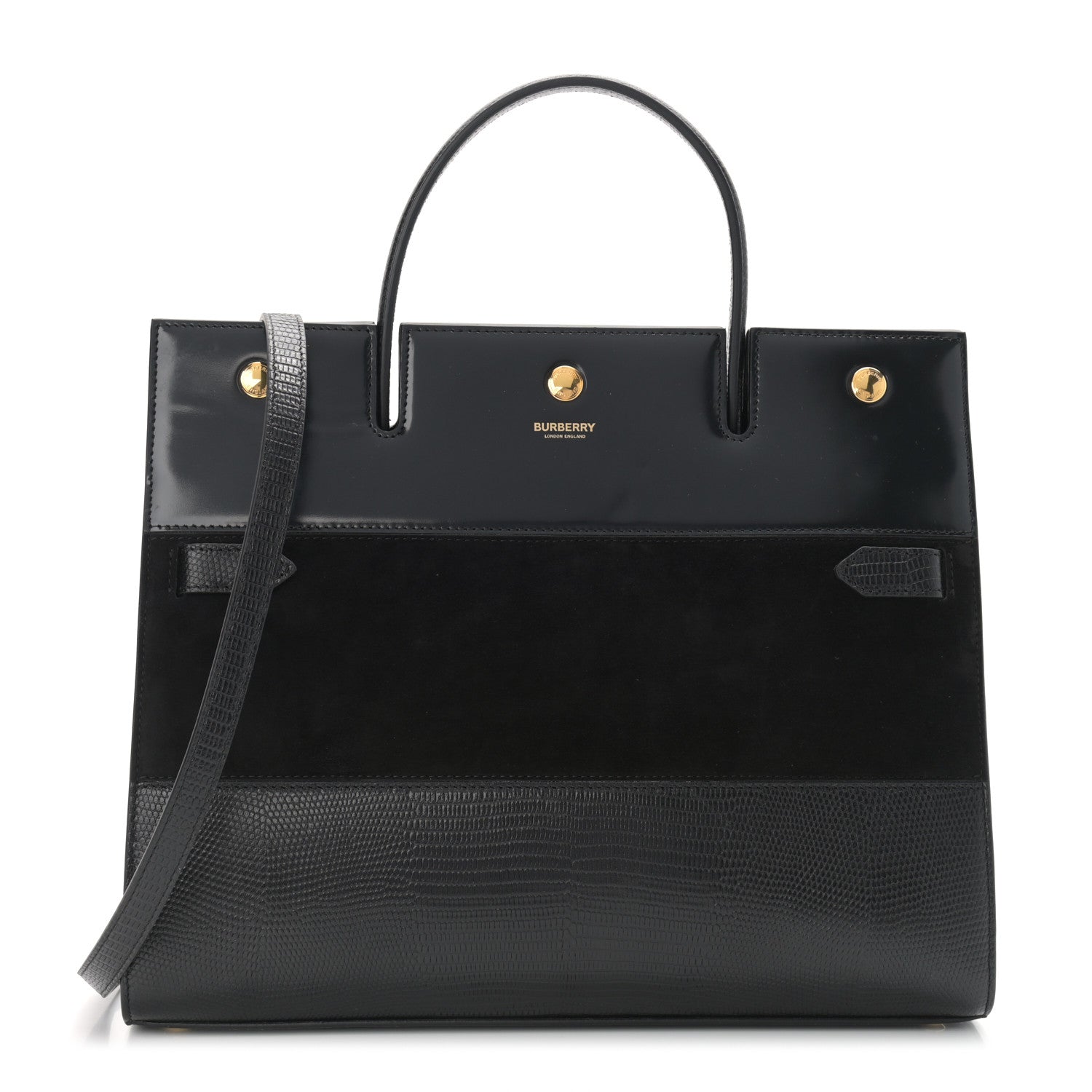Burberry Deerskin Suede Lizard Embossed Calfskin Medium Title Bag Black 1 of 11