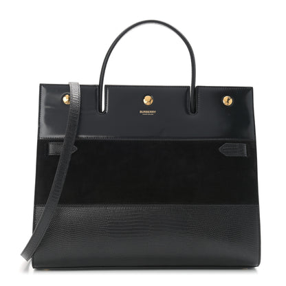Burberry Deerskin Suede Lizard Embossed Calfskin Medium Title Bag Black 1 of 11
