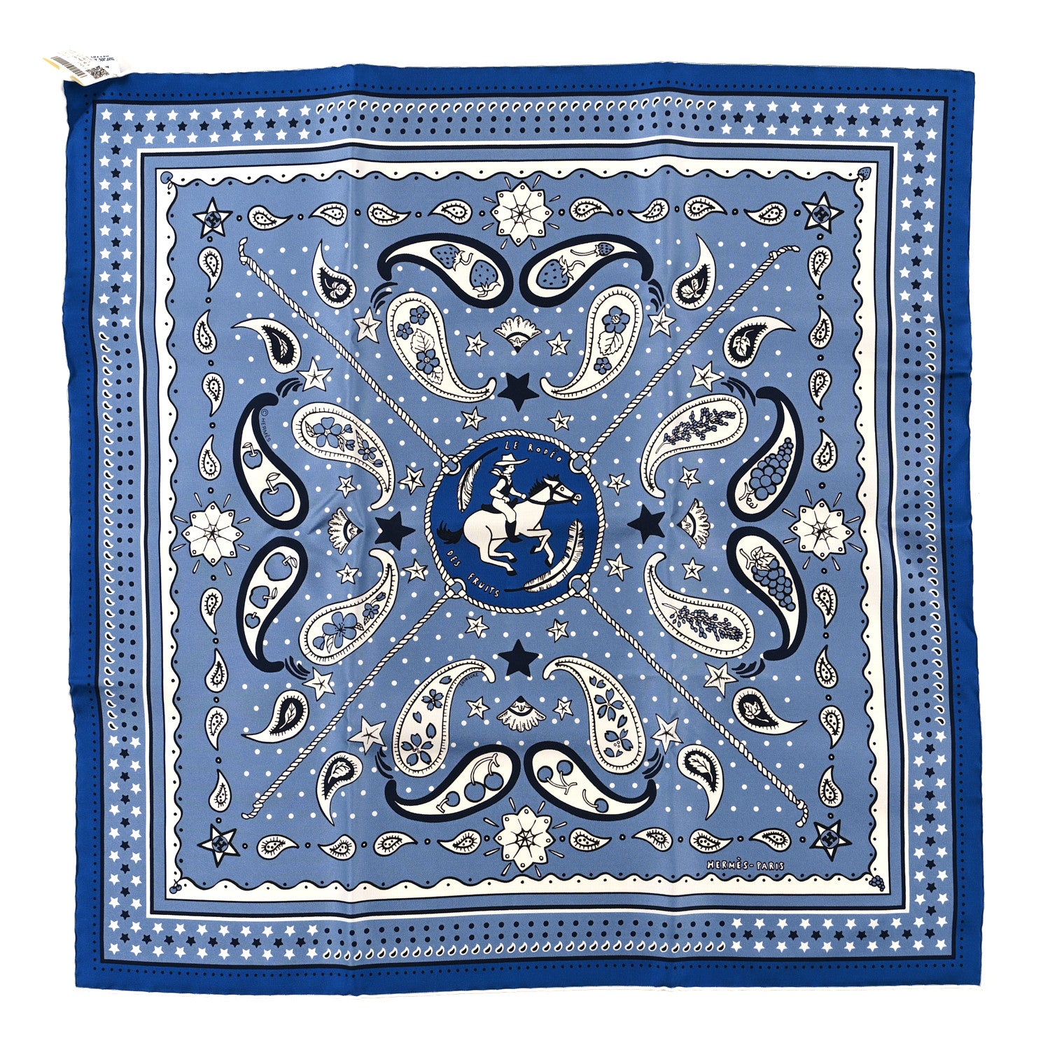 Hermes Silk Le Rodeo Des Fruits Bandana Scarf 55 Bleu Jean Marine