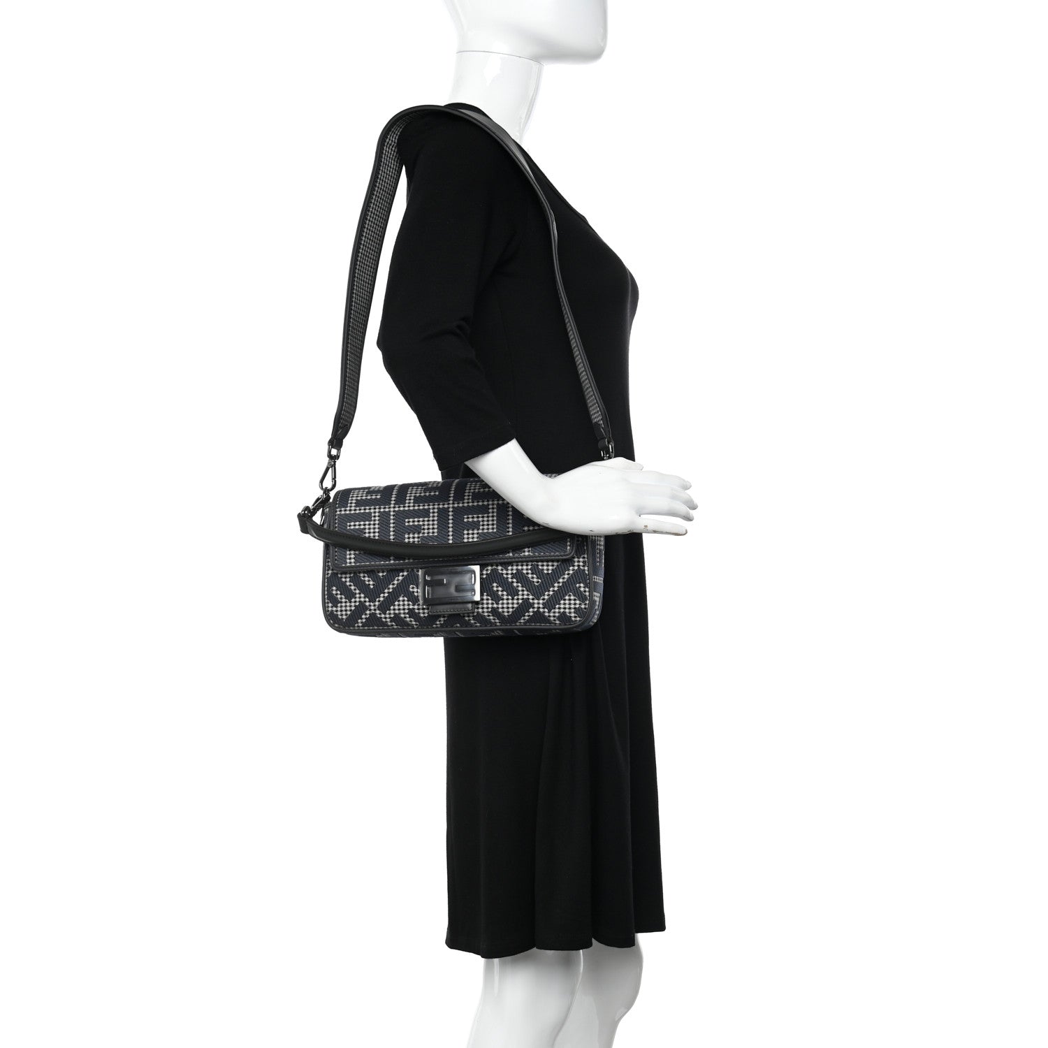 Fendi Wool Vitello King Houndstooth FF Embroidered Baguette Grigio Anthracite 2 of 9