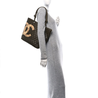Chanel Calfskin Snakeskin Quilted Large Cambon Tote Khaki 2 of 14
